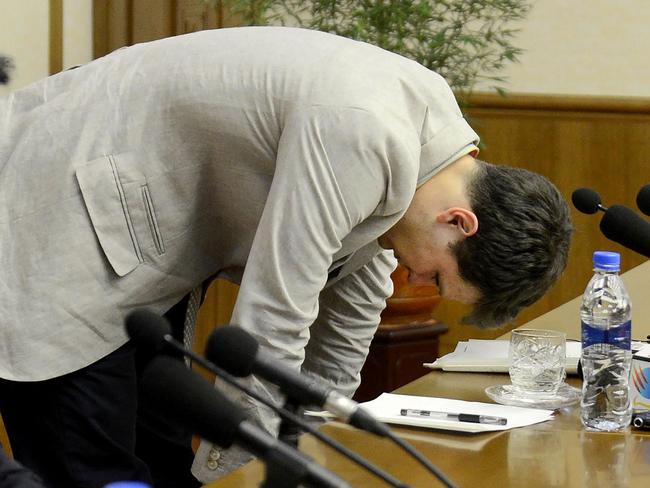 US student Otto Frederick Warmbier, pictured in court, was arrested for committing hostile acts against North Korea. Picture: AFP/KCNA via KNS