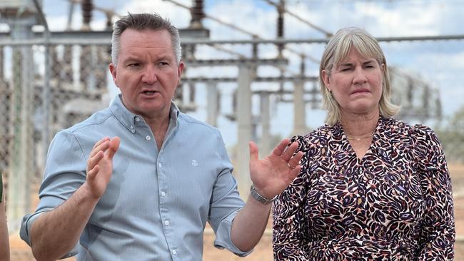 Federal Energy Minister Chris Bowen and NT Chief Minister Eva Lawler as the Albanese government commits $250m to improve the NT grid as part of the Rewiring the Nation program. Picture: Fia Walsh.