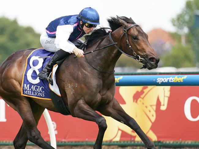 Invincible Woman ridden by Damian Lane wins the Magic Millions VIC 2YO Classic at Caulfield Heath Racecourse on December 14, 2024 in Caulfield, Australia. (Photo by Scott Barbour/Racing Photos via Getty Images)