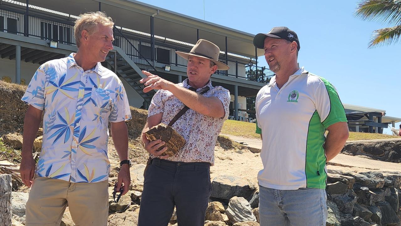Livingstone Shire councillors Pat Eastwood and Adam Belot talk with Emu Park Surf Lifesaving Club president Craig Beevers about works required. Photo Darryn Nufer.