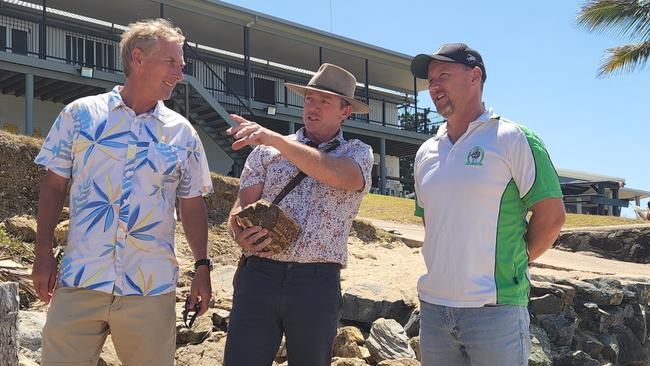 Livingstone Shire councillors Pat Eastwood and Adam Belot talk with Emu Park Surf Lifesaving Club president Craig Beevers about works required. Photo Darryn Nufer.