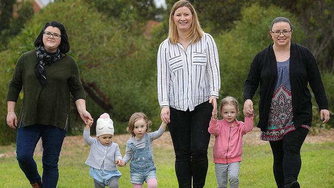 Sisters Jacqui Ambrose, Megan Miles and Nicole Horner, who all had pre-eclampsia, with their daughters Grace, 18 months, Zara, 22 months and Rose 3 years. Picture: Ian Currie