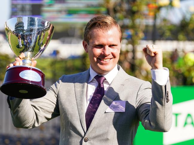 Edward Cummings after Duais won the TAB Australian Cup at Flemington Racecourse on March 12, 2022 in Flemington, Australia.  (Scott Barbour/Racing Photos via Getty Images)