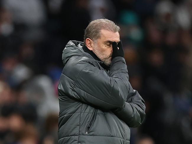 LONDON, ENGLAND - JANUARY 26: Ange Postecoglou, Manager of Tottenham Hotspur, reacts during the Premier League match between Tottenham Hotspur FC and Leicester City FC at Tottenham Hotspur Stadium on January 26, 2025 in London, England. (Photo by Julian Finney/Getty Images)