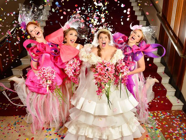 Natalie Abbott, as Muriel, with bridesmaids Imogen Moore, Catty Hamilton and Prue Bell from Muriel’s Wedding The Musical. Picture : Nicki Connolly