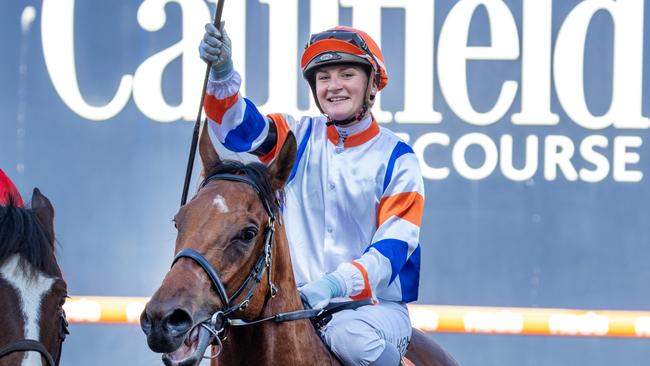 Jamie Kah celebrates after her record 100th winner of the season. Picture: Racing Photos via Getty Images