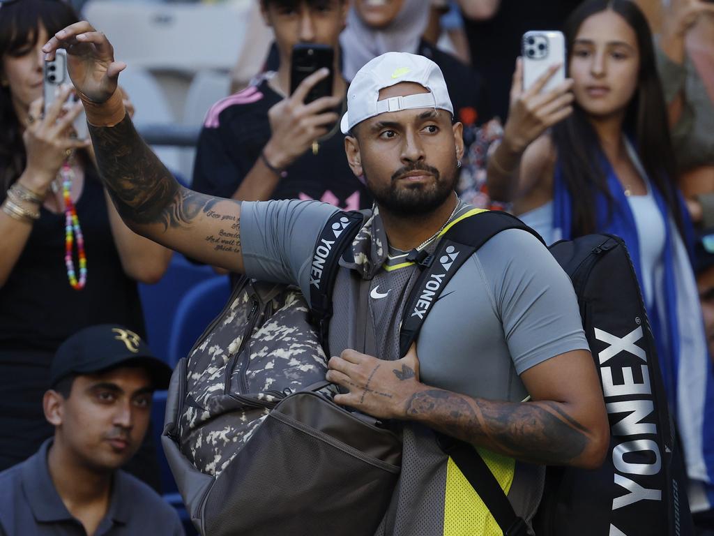 Nick Kyrgios leaves the court in Melbourne for possibly the last time as a singles player. Picture: Michael Klein