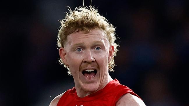 MELBOURNE, AUSTRALIA - AUGUST 02: Clayton Oliver of the Demons looks on during the 2024 AFL Round 21 match between Footscray and the Melbourne Demons at Marvel Stadium on August 02, 2024 in Melbourne, Australia. (Photo by Michael Willson/AFL Photos via Getty Images)