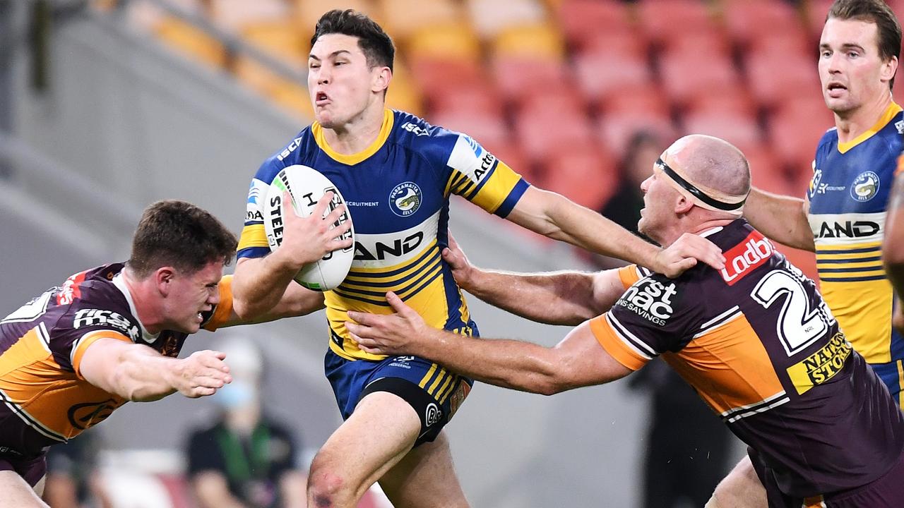 Mitchell Moses of the Eels makes a break.