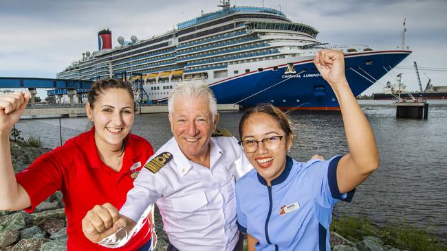 Lilla Czovek, Captain Adriano Binacchi and Aizafred Pecajas from Carnival Luminosa at Brisbane International Cruise Terminal.