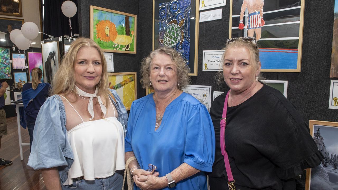 (from left) Jo, Beverley and Sharyn Underwood at the Toowoomba Grammar School Art Show. Saturday, March 25, 2023. Picture: Nev Madsen.