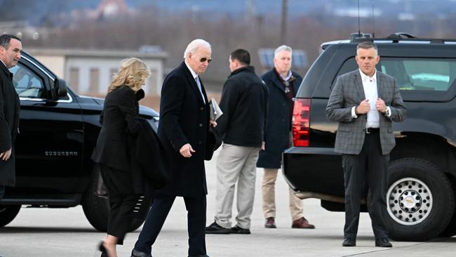 Mr and Dr Biden walk to board Marine One. Picture: AFP