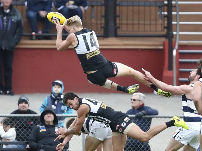 Billy Frampton takes a high-flying mark for Port Adelaide against South Adelaide. Picture: Sarah Reed