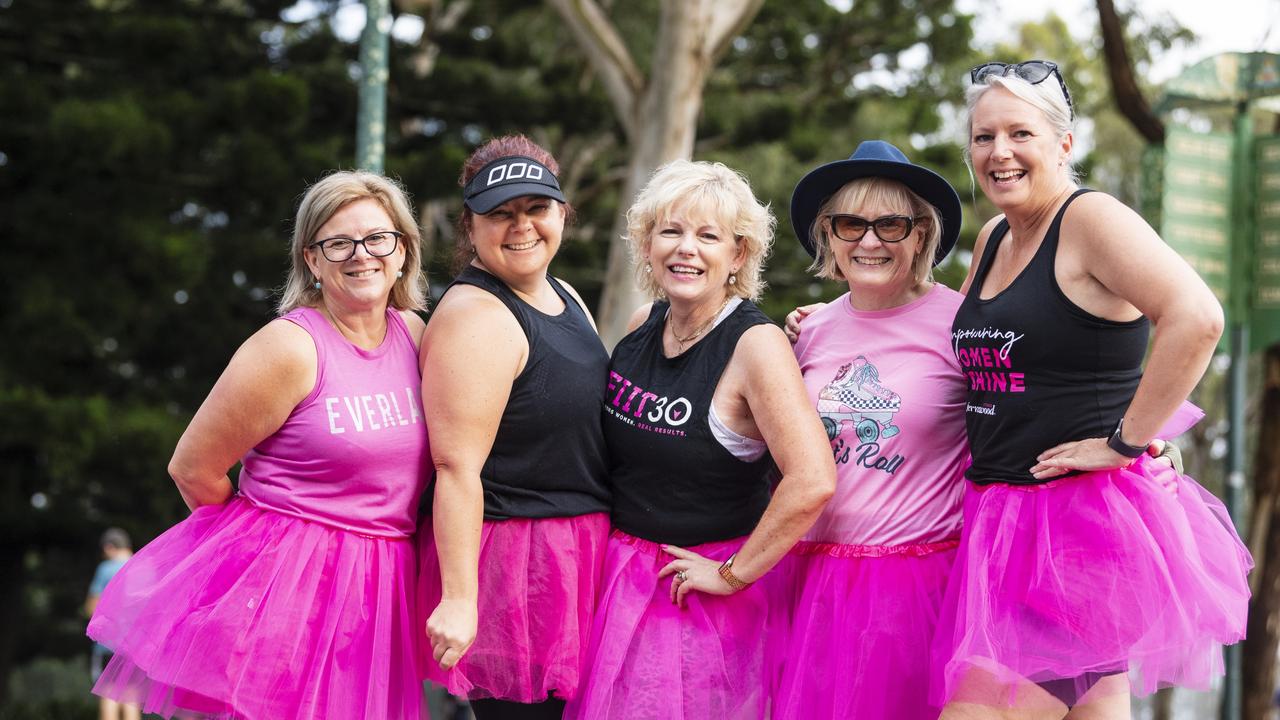 Team Fernwood members (from left) Candice Cristaldi, Lenice Jahnke, Leanne Gillam, Wendy Horne and Amanda Duquemin at Peak2Park, Sunday, March 3, 2024. Picture: Kevin Farmer