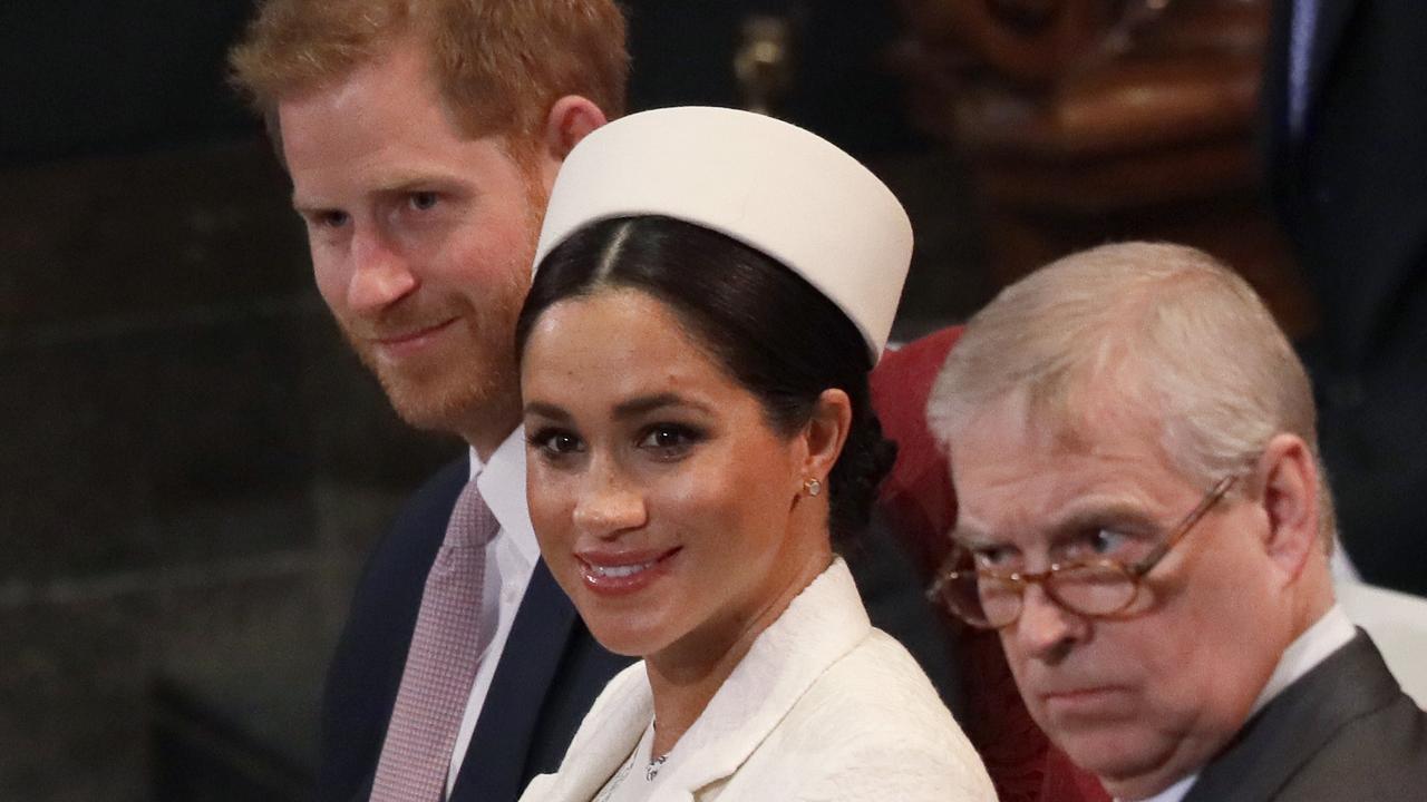 Meghan, Duchess of Sussex sits with Prince Harry, left, and Prince Andrew, right, during the Commonwealth Service at Westminster Abbey in London, in 2019. Picture: Kirsty Wigglesworth/AP/POOL