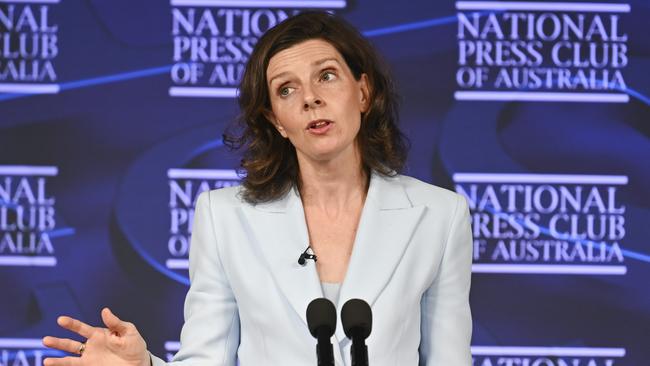 Allegra Spender addresses the National Press Club of Australia in Canberra. Picture: NewsWire / Martin Ollman.