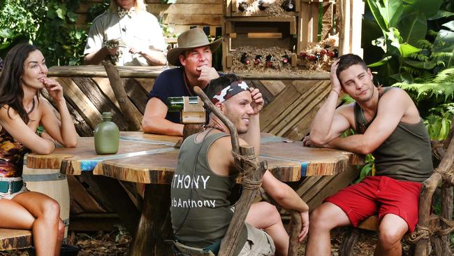 I'm A Celebrity: Warne with Laurina Fleur, Anthony Callea, Dean Geyer. Picture: Supplied/Channel 10