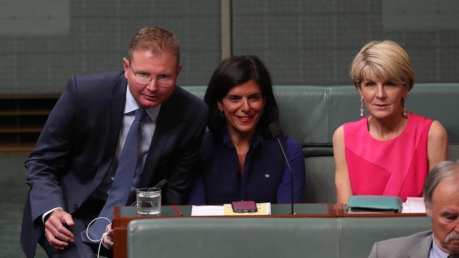 Craig Laundy with Julia Banks and Julie Bishop who have both left the Liberal party. Picture Kym Smith