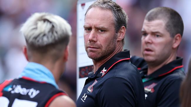 Ben Rutten addresses his rattled players at three-quarter time. Picture: Michael Klein