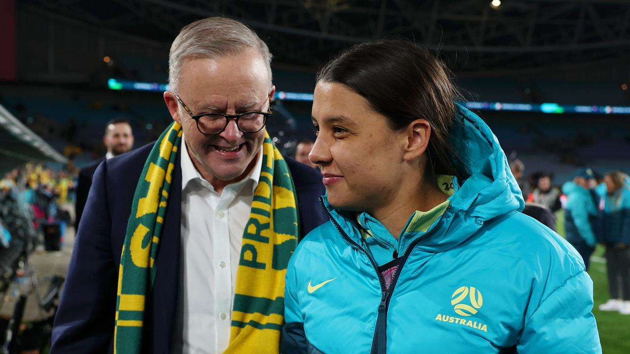 Sam Kerr with Prime Minister Anthony Albanese (left) during the 2023 FIFA World Cup. (Photo by Mark Metcalfe - FIFA/FIFA via Getty Images)