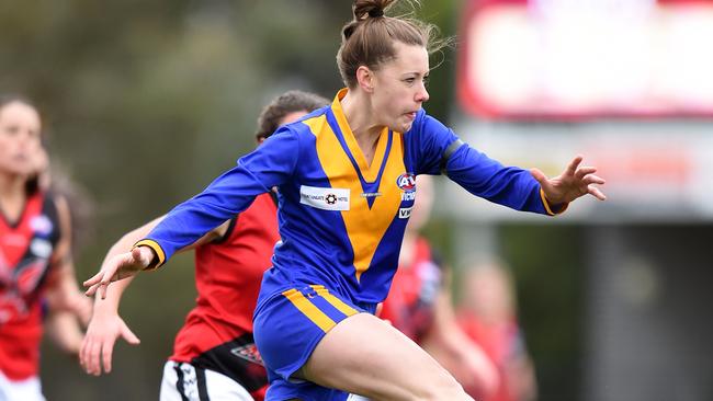 Women's football: Cranbourne v Knox at Casey Fields, Cranbourne. Cranbourne's #35 Bianca Jacobsson kicks at goal and scores. Picture: Jason Sammon Saturday 4th July 2015