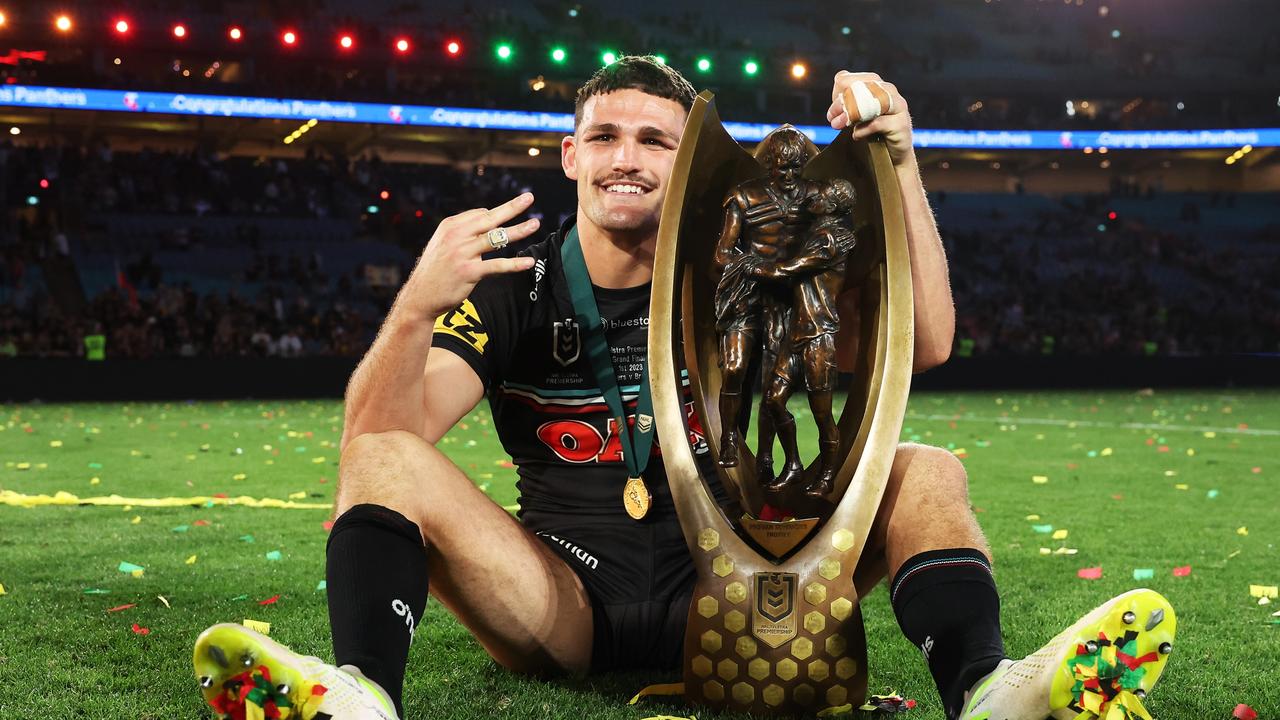 Nathan Cleary of the Panthers poses with the Provan-Summons Trophy after winning the club’s third premiership in a row against Brisbane Broncos at Accor Stadium. Picture: Matt King/Getty Images