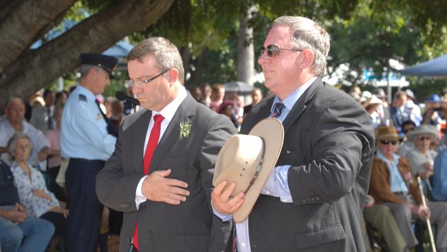 Deputy Mayor Darryl Camilleri and Mackay MP Tim Mulherin pay their respects at the Anzac Day Service. Picture: Lee Constable