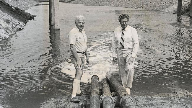 The late Jock McIlwain pictured with former Gold Coast mayor Keith Hunt in the 1980s. Picture: Files