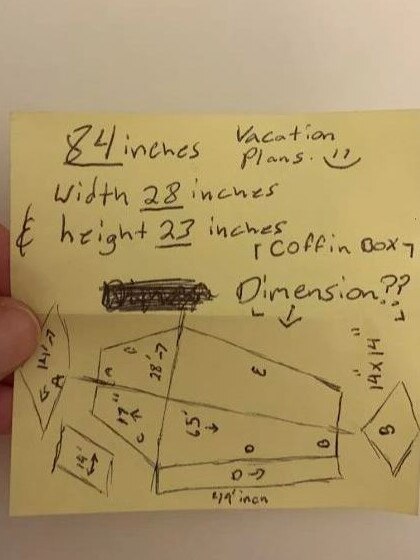 The Reddit user found a chilling post-it note from her ex-partner with a coffin drawn on to match her dimensions. Picture: Reddit