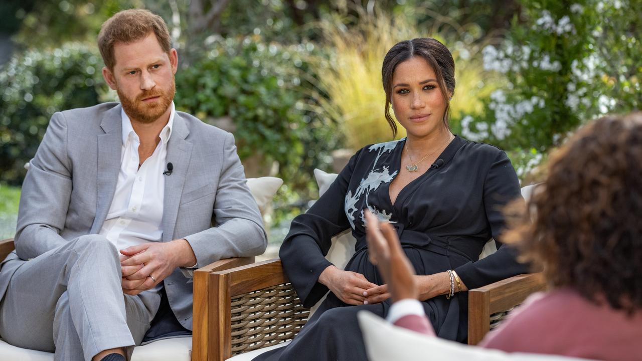 Harry and Meghan during their interview with Oprah in March. Picture: Harpo Productions/Joe Pugliese via Getty Images