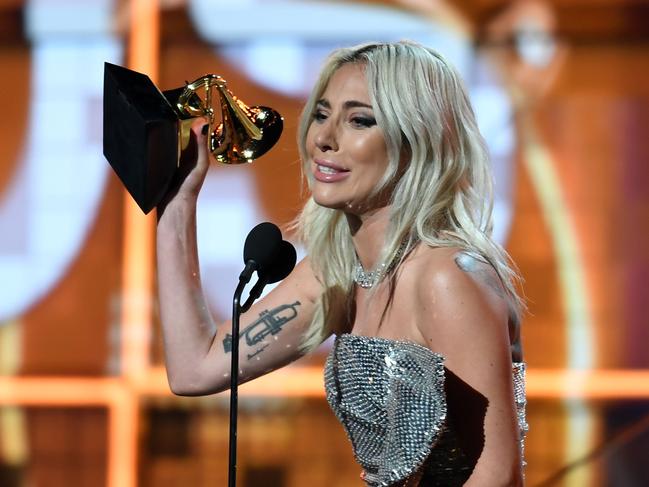 Gaga getting very emotional in her speech. Picture: Robyn Beck/AFP