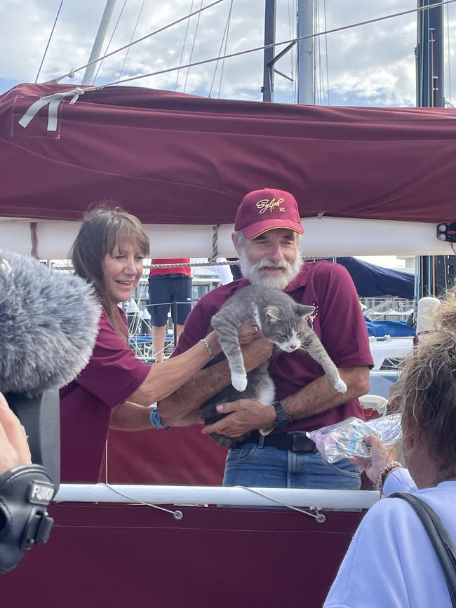 Ten-year-old cat Oli reaches the finish line of the Sydney to Hobart with the crew of Sylph VI. Picture: Genevieve Holding