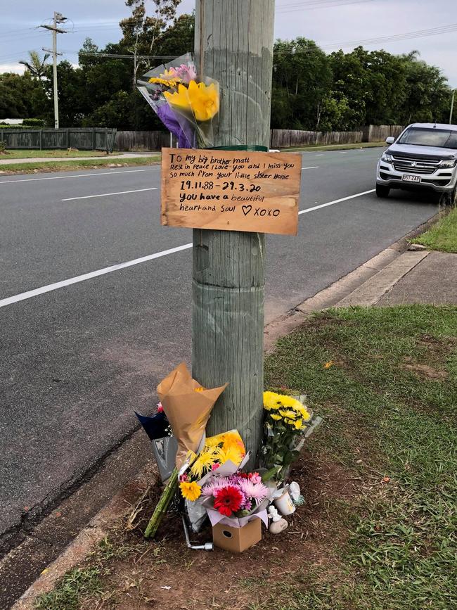 Tributes and flowers left at the crash scene in Burpengary. Photo: Supplied by family