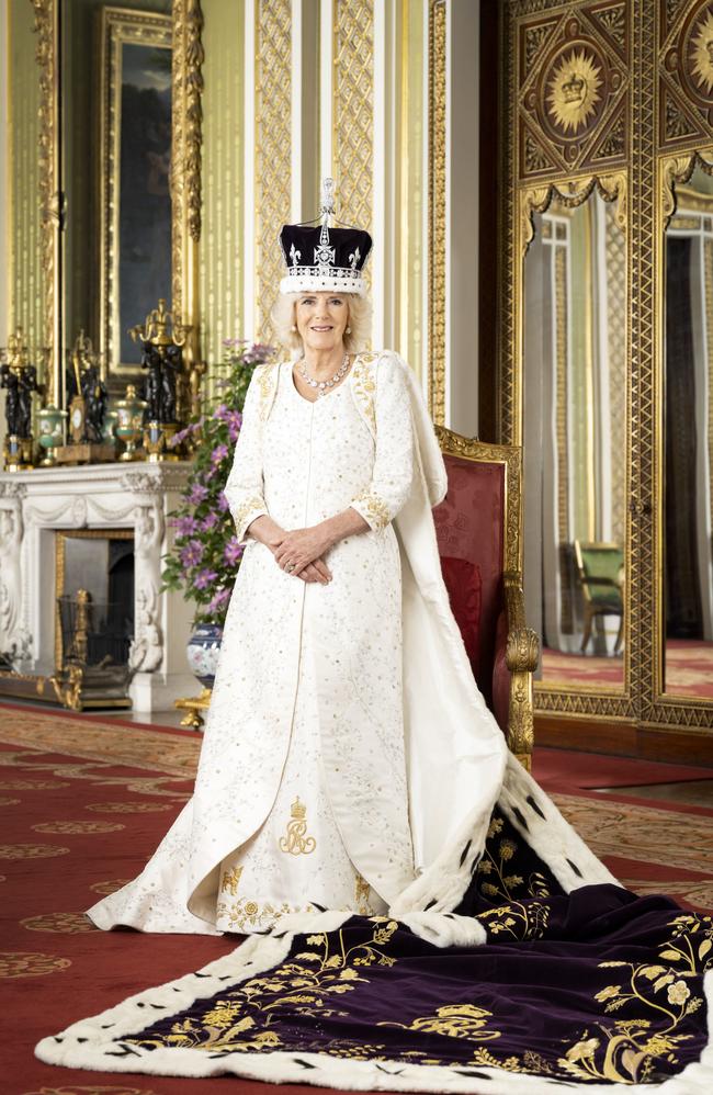 Queen Camilla is wearing Queen Mary’s Crown and Robe of Estate. Picture: Hugo Burnand/Buckingham Palace via Getty Images