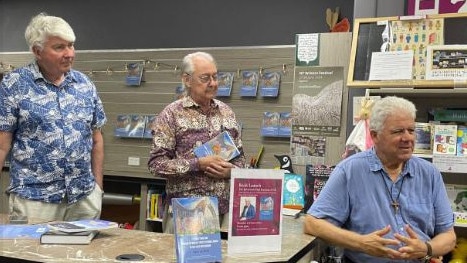 Father Frank Brennan (left), Colin McDonald (centre) and Bishop Charles Gauci (right). Picture: The Bookshop Darwin.