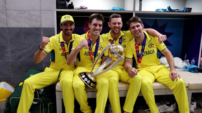 Mitchell Starc, Pat Cummins, Josh Hazlewood and Mitch Marsh after the World Cup win. (Photo by Robert Cianflone/Getty Images)