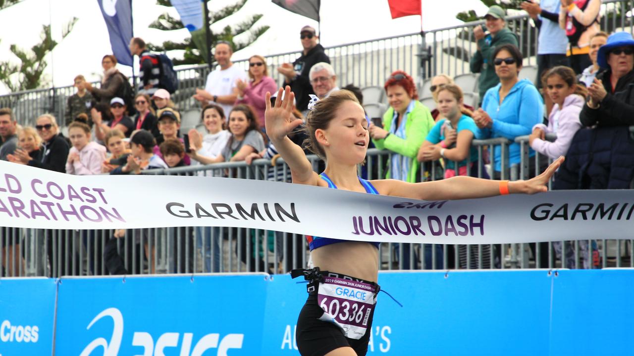 Grace Campbell winning the Garmin 2km Junior Dash.