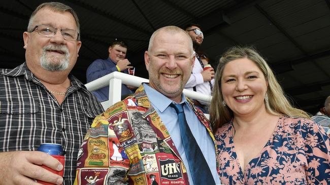 The Ladbrokes 2024 Moe Cup is held at Moe Horse Racing Club, Moe Victoria, Friday 18th October 2024. Racegoers Waz, Max and Helen enjoying the races.Picture: Andrew Batsch