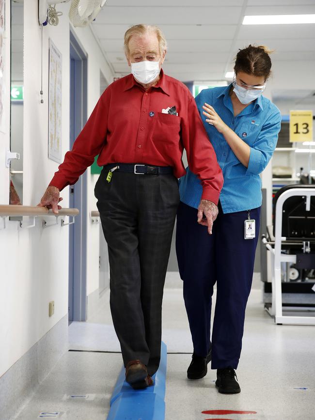 Dr Francis Burns, 96, working on his balance. Picture: Sam Ruttyn