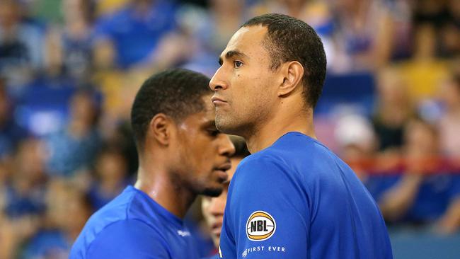 BRISBANE, AUSTRALIA - MARCH 02: Injured Bullets player Mika Vukona looks on during game two of the NBL Semi Final Series between the Brisbane Bullets and the Perth Wildcats at the Brisbane Entertainment Centre on March 02, 2019 in Brisbane, Australia. (Photo by Jono Searle/Getty Images)