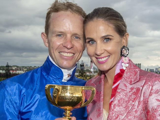 Melbourne Cup day at Flemington.Kerrin McEvoy and his wife Cathy.Picture Jay Town