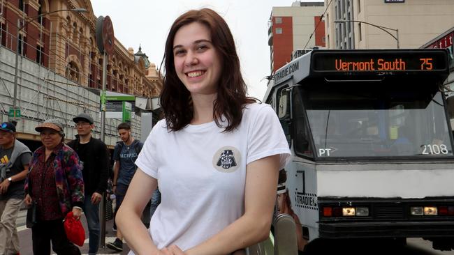 Paige Joustra, 20 from Camberwell waits at a free-tram stop in Melbourne's CBD. Picture: David Geraghty