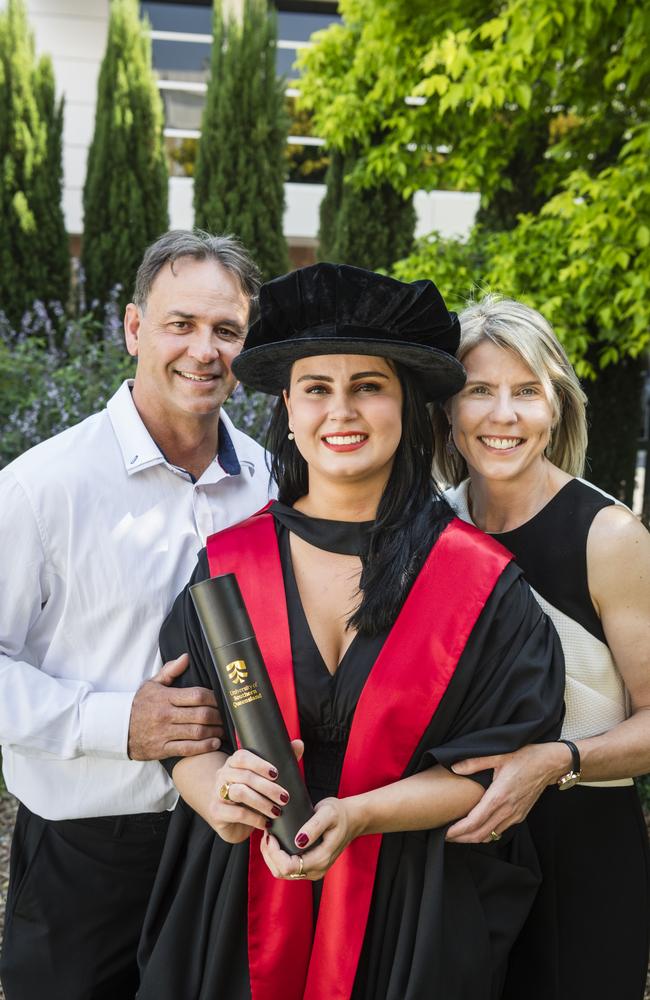 Doctor of Philosophy graduate Bianca Viljoen with parents Kobus and Aletta Viljoen at a UniSQ graduation ceremony at Empire Theatres, Tuesday, October 31, 2023. Picture: Kevin Farmer