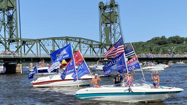 The “lake country” of the rural Midwest is on fire for Trump, as supporters hold a boat rally on the St Croix river in Missouri. Picture: Twitter