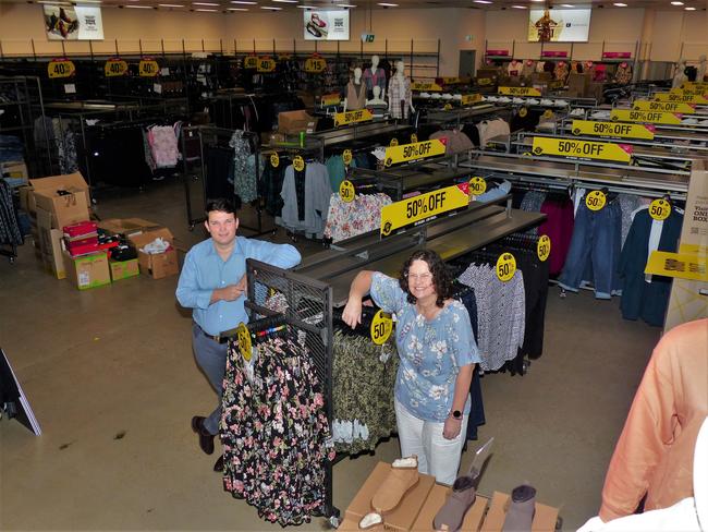 Rivers is opening a megastore at West End in Townsville on July 15, 2023. Colliers leasing executive Reagan Stokley and store manager Meredith Kenny are in the new store as staff and tradies set up the shop’s fixtures in the background. Picture: Blair Jackson