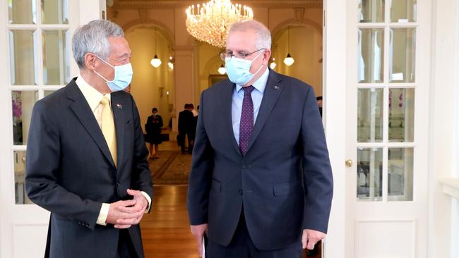 Prime Minister Scott Morrison arrives in Singapore for a one on one meeting with Singapore Prime Minister Lee Hsien Loong on the way over to the G7 in Cornwall, United Kingdom. Picture: Adam Taylor/PMO