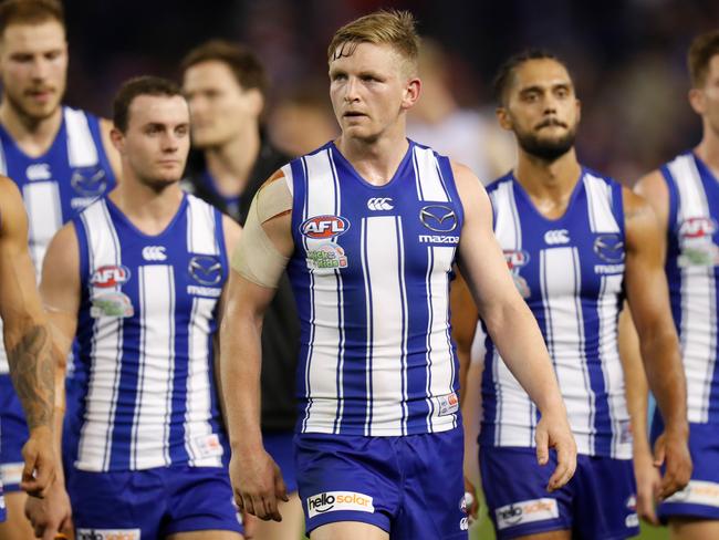 MELBOURNE, AUSTRALIA - APRIL 02: Jack Ziebell of the Kangaroos looks dejected after a loss during the 2021 AFL Round 03 match between the North Melbourne Kangaroos and the Western Bulldogs at Marvel Stadium on April 02, 2021 in Melbourne, Australia. (Photo by Michael Willson/AFL Photos via Getty Images)