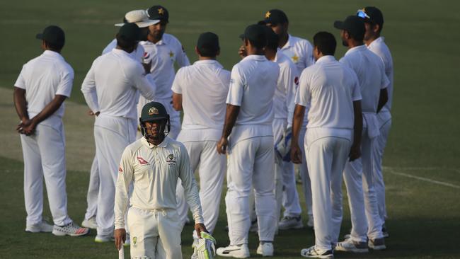 Australia's Usman Khawaja is dismissed for three on day one. Picture: AP