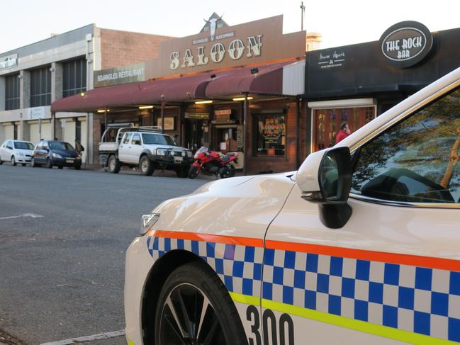 A Northern Territory police vehicle out the front of Rock Bar and Bojangles Saloon in Alice Springs, July 8, 2024. Northern Territory police suspended the liquor license of two licensed premises on Todd Street on July 8, 2024. Picture: Gera Kazakov