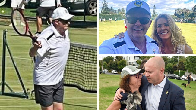 Clockwise from left: Anthony Albanese has a hit at Cottesloe Tennis Club on Saturday; and poses for a selfie; while Josh Frydenberg visits the Melbourne synagogue.